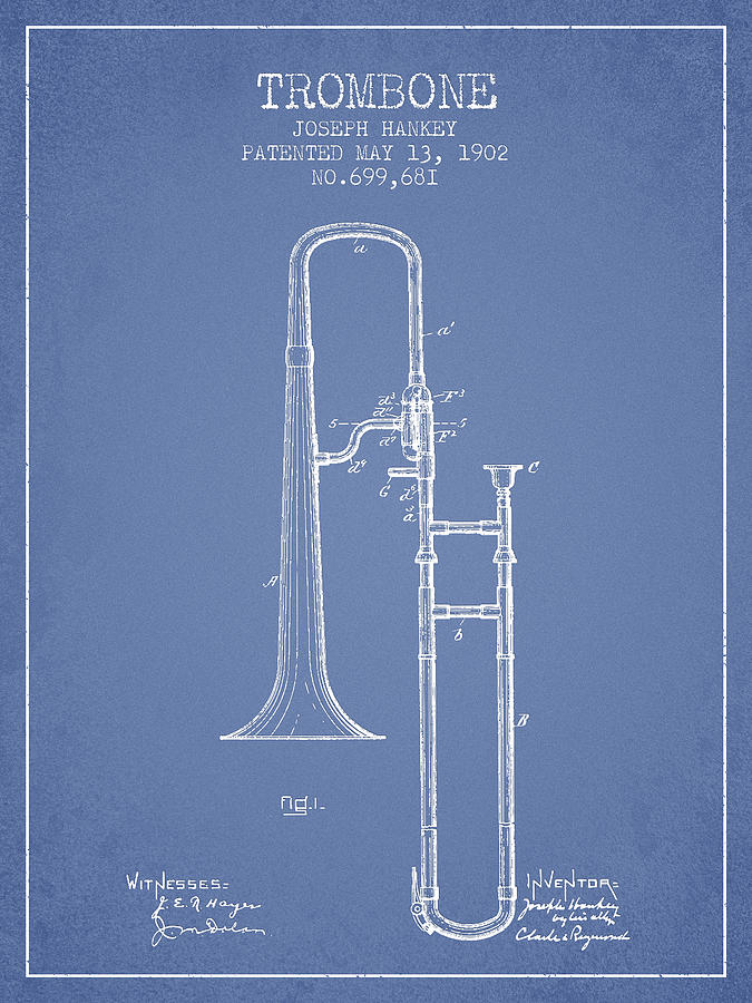 Trombone Patent From 1902 - Light Blue Digital Art