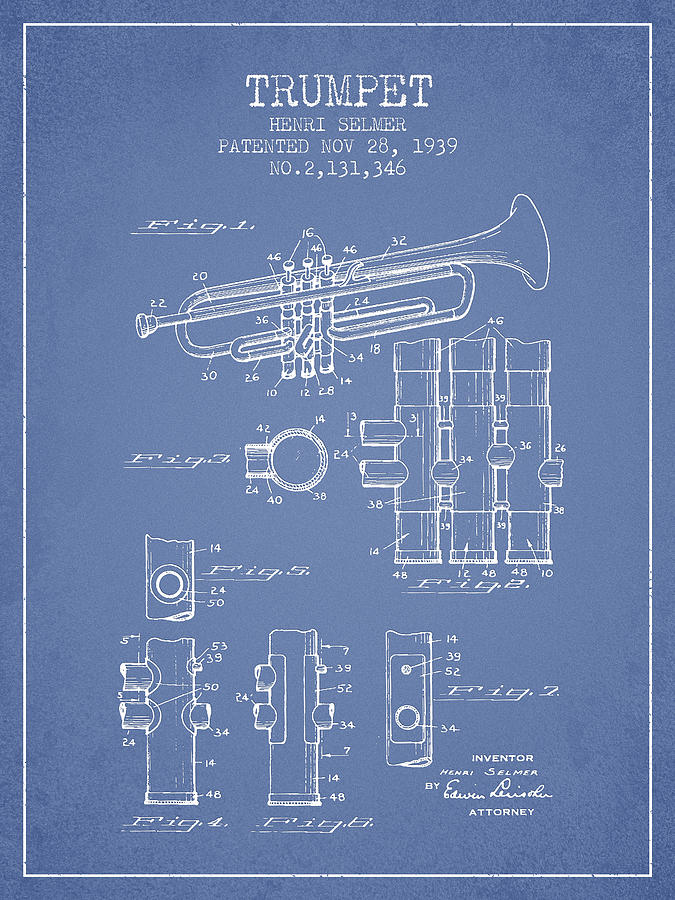 Trumpet Patent From 1939 - Light Blue Digital Art