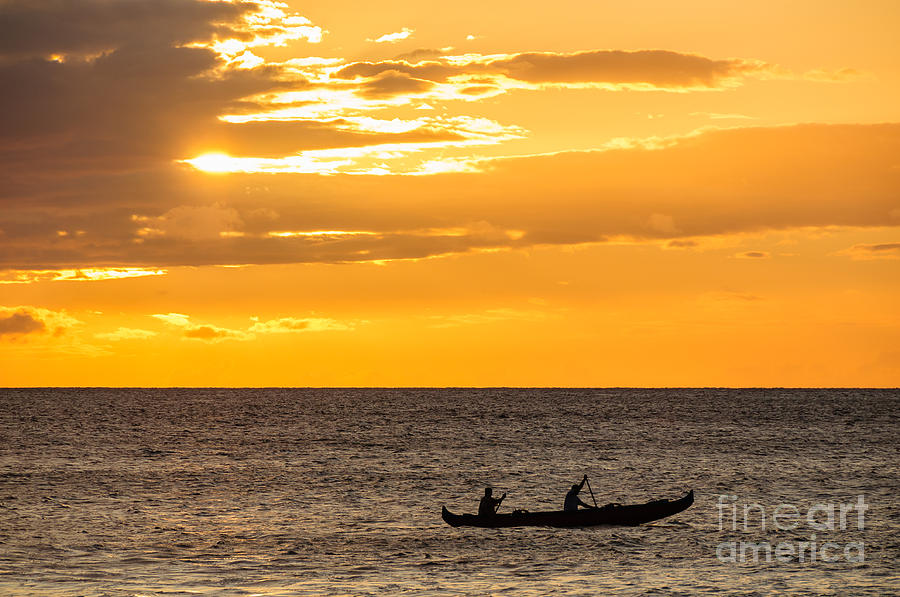Two men paddling a Hawaiian outrigger canoe at sunset Maui Hawaii USA #4 Photograph by Don Landwehrle