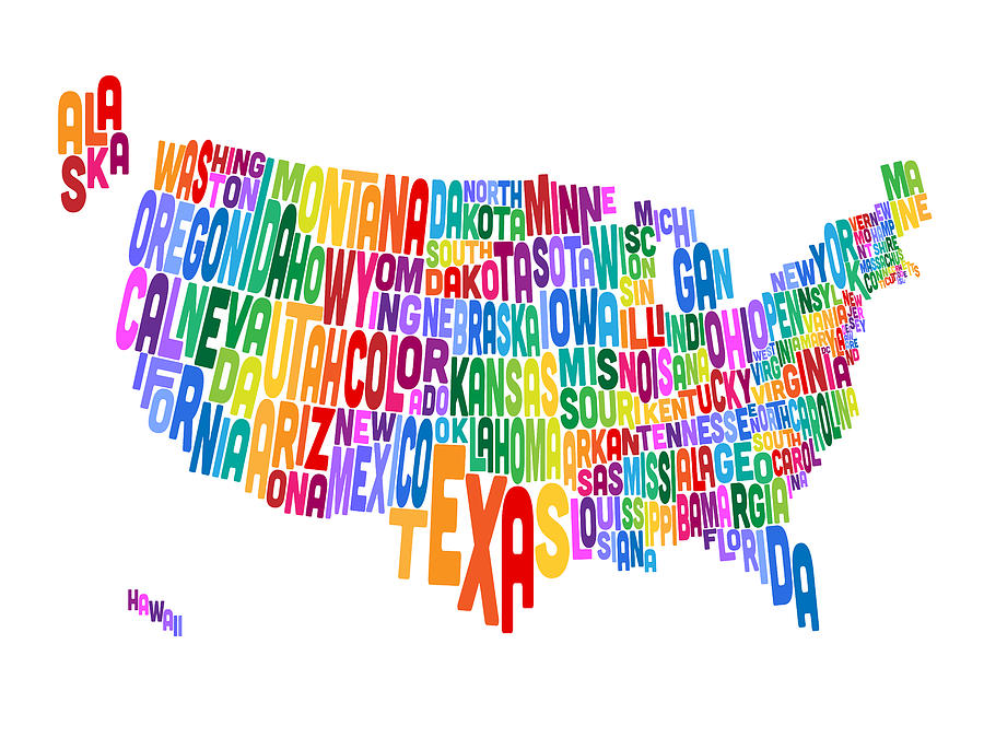 United States Typography Text Map #4 Digital Art by Michael Tompsett