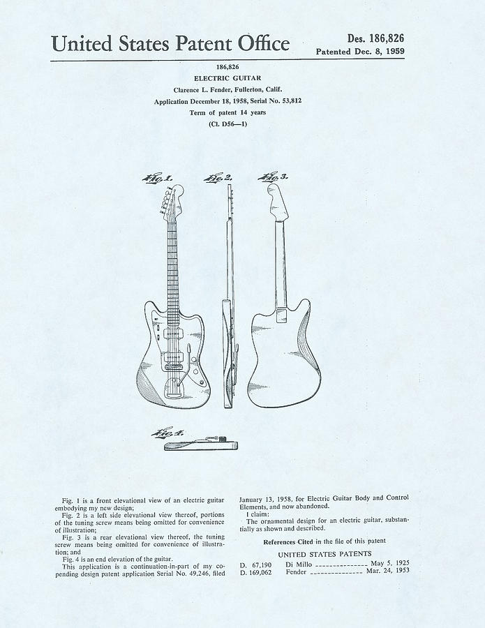 Guitar Patent Drawing on blue background #6 Drawing by Steve Kearns