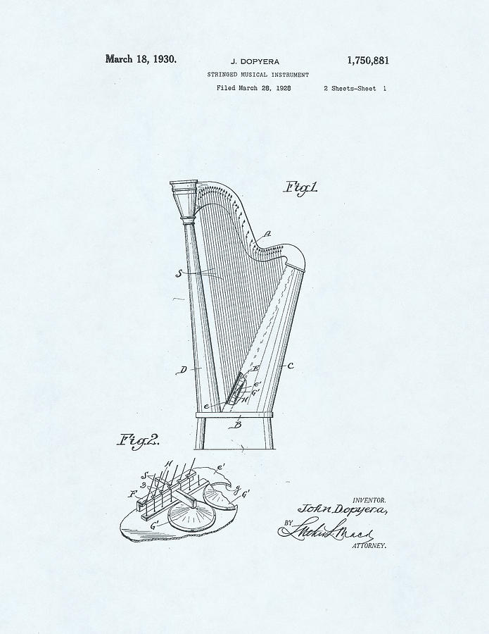Harp Patent Drawing on blue background #4 Drawing by Steve Kearns