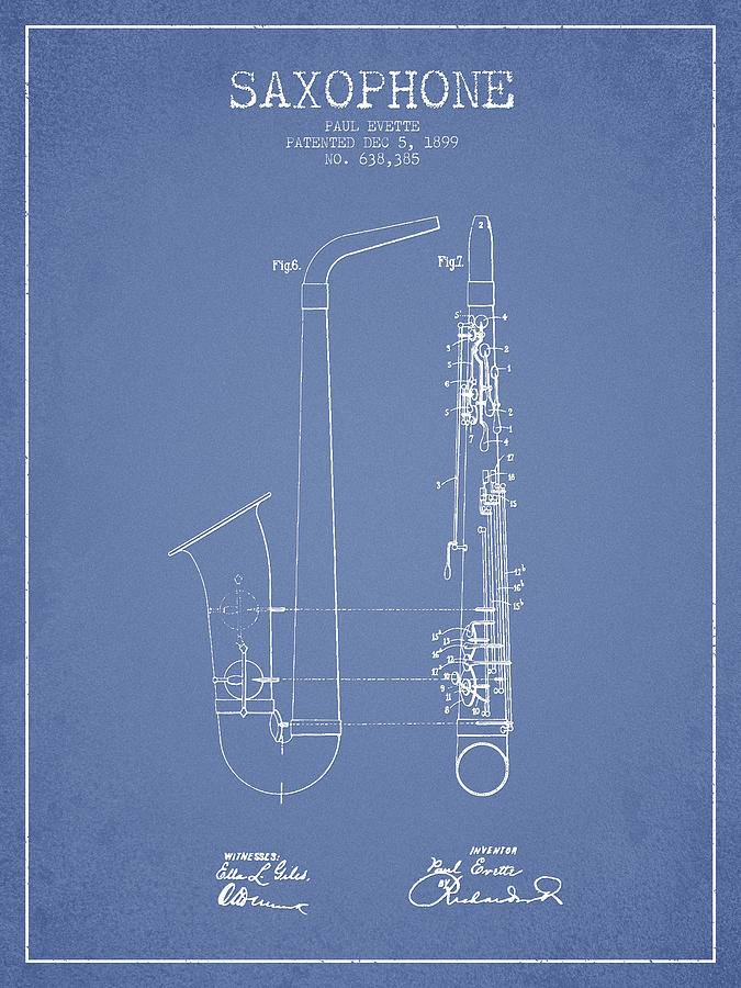 Saxophone Patent Drawing From 1899 - Light Blue Digital Art