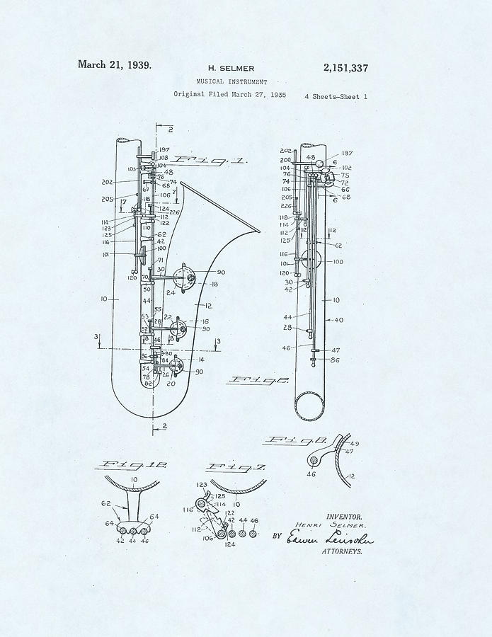 Saxophone Patent drawing on blue background #3 Drawing by Steve Kearns