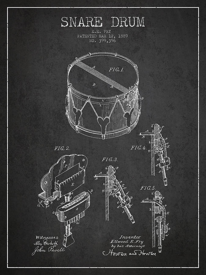 Music Digital Art - Vintage Snare Drum Patent Drawing from 1889 - Dark by Aged Pixel