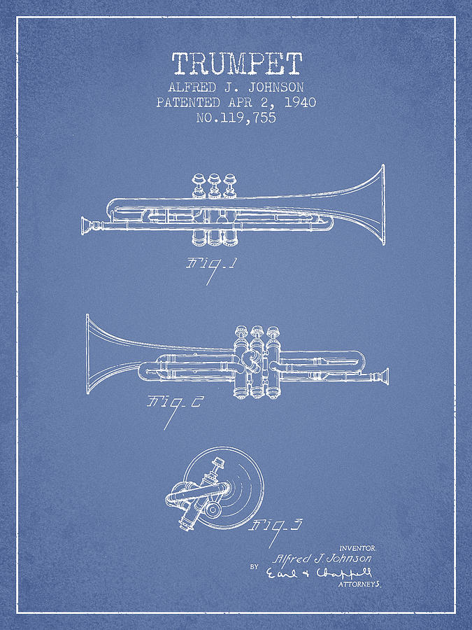 Vintage Trumpet Patent From 1940 - Light Blue Digital Art
