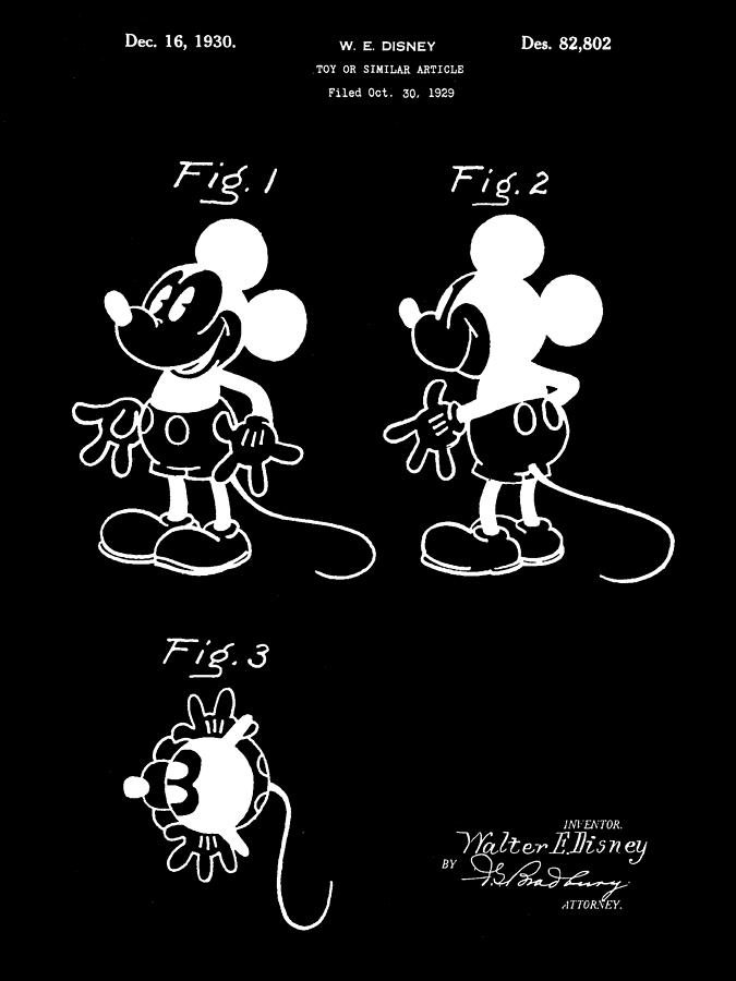 Walt Disney Mickey Mouse Patent 1929 - Black Digital Art by Stephen Younts