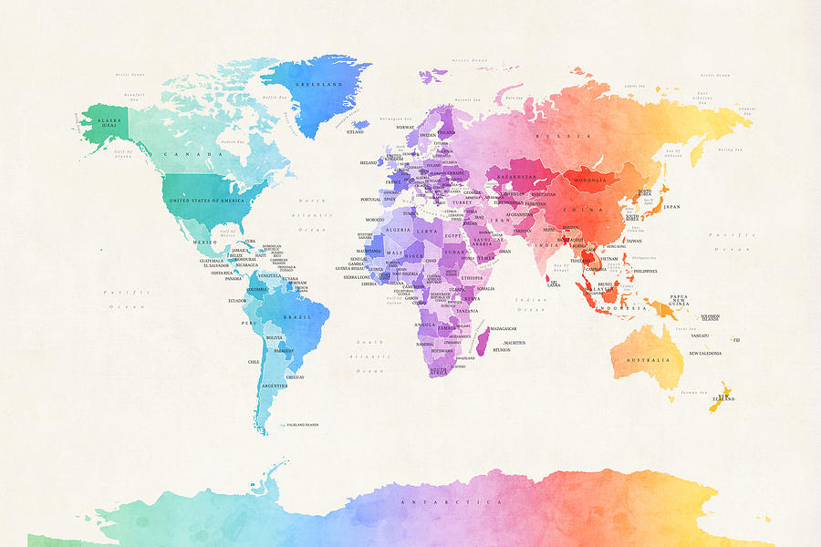 World Map Digital Art - Watercolour Political Map of the World by Michael Tompsett