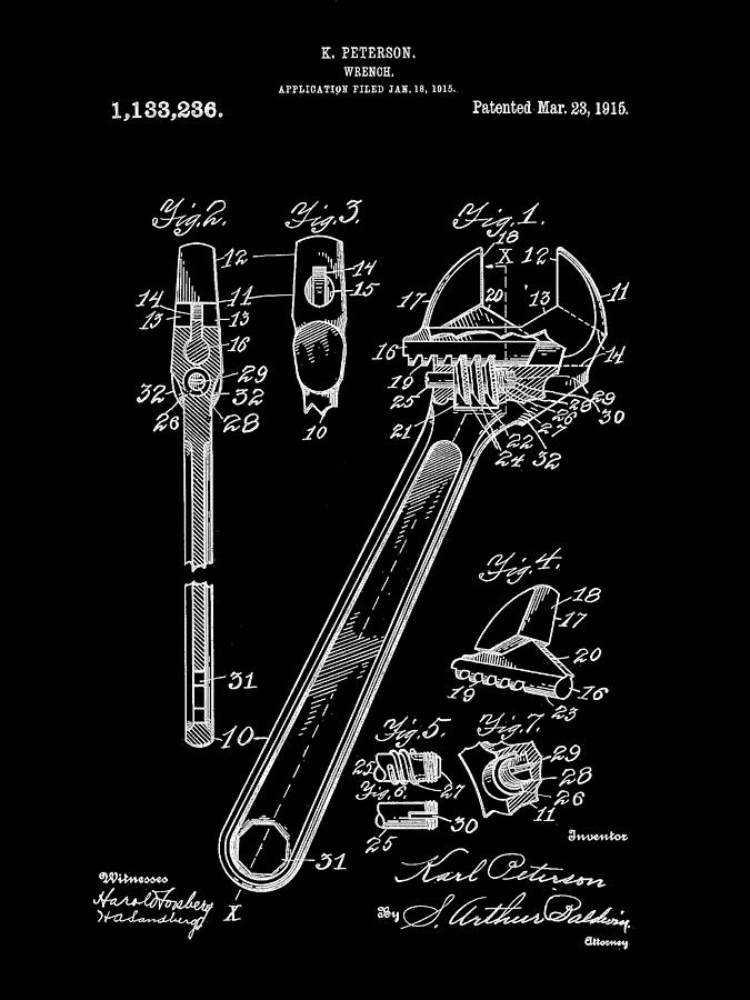 Wrench Patent 1915 - Black Digital Art by Stephen Younts