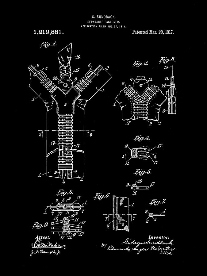 Clothing Digital Art - Zipper Patent 1914 - Black by Stephen Younts