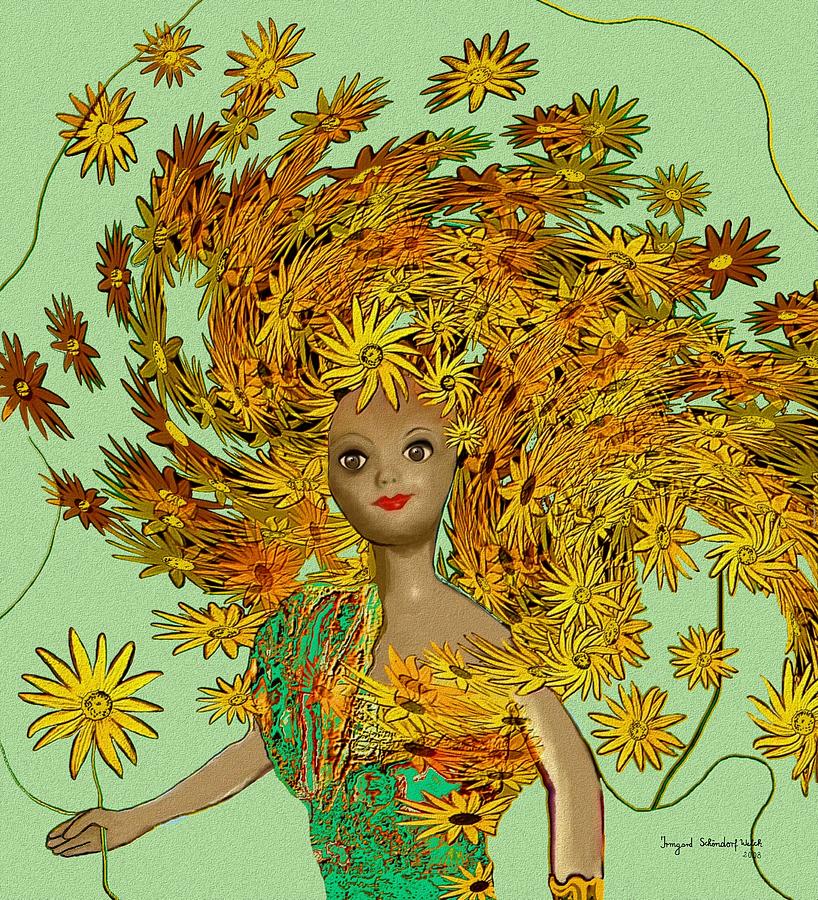 404 - Doll with yellow flowers Painting by Irmgard Schoendorf Welch