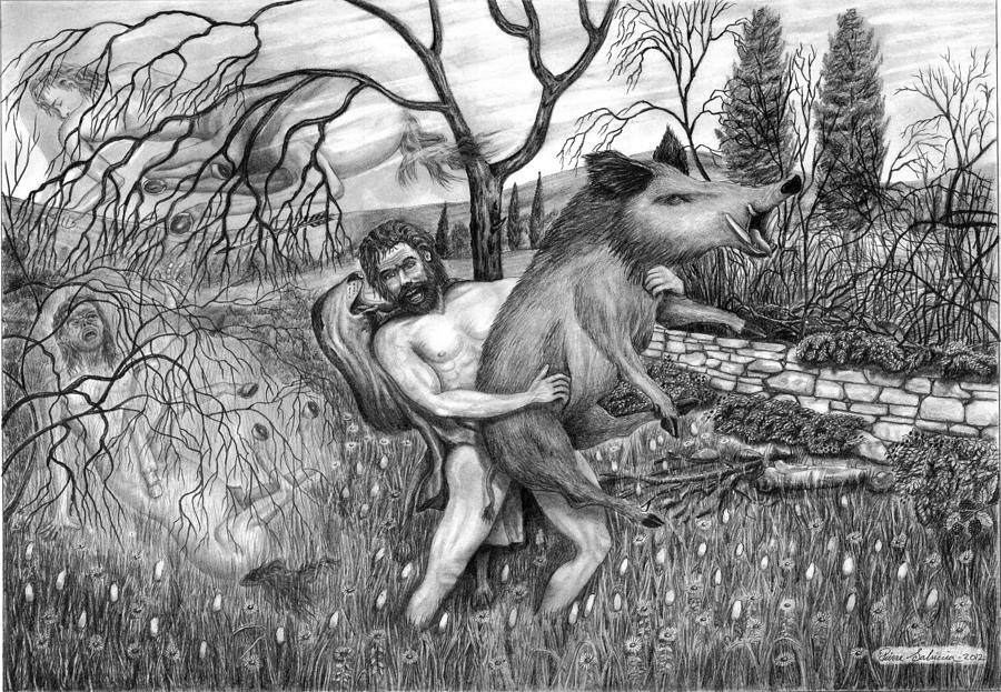 Centaur Drawing - 4th-Labor-of-Hercules-the-Erymanthian-Boar by Pierre Salsiccia