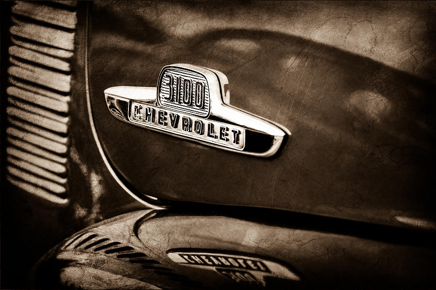 Car Photograph - 1955 Chevrolet 3100 Pickup Truck Emblem #5 by Jill Reger