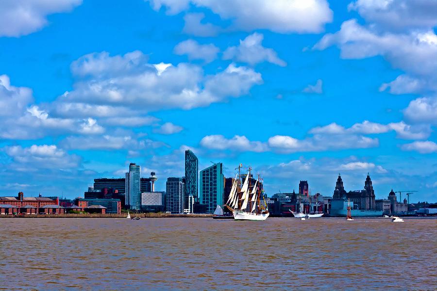 Abstract Mixed Media - A digitally constructed painting of a tall ships on the River Mersey Liverpool UK #5 by Ken Biggs