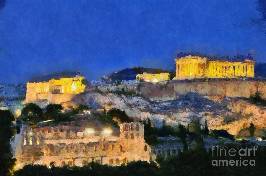 Acropolis of Athens during dusk time #3 Painting by George Atsametakis