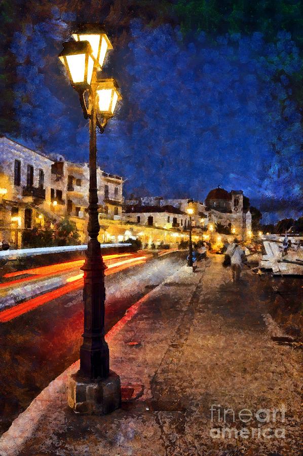 Aegina port during dusk time #2 Painting by George Atsametakis