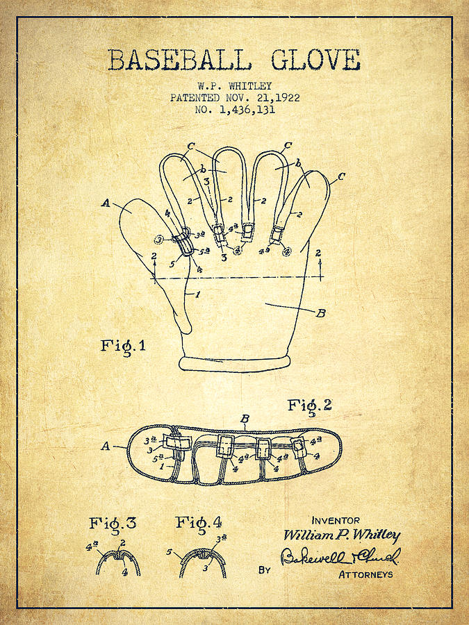 Baseball Drawing - Baseball Glove Patent Drawing From 1922 #1 by Aged Pixel