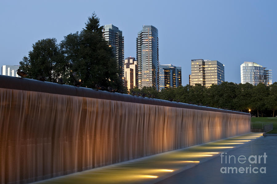 Bellevue skyline from city park with fountain and waterfall at s #5 Photograph by Jim Corwin