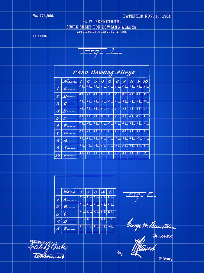 Bowling Score Sheet Patent 1904 - Blue Digital Art by Stephen Younts
