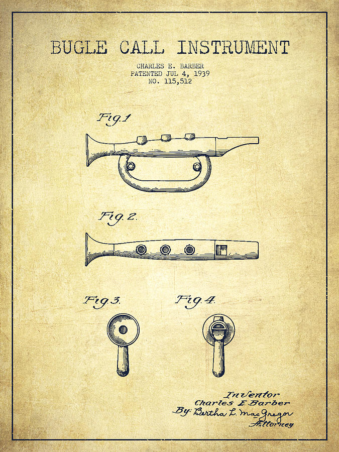 Music Digital Art - Bugle Call instrument patent Drawing from 1939 - Vintage by Aged Pixel