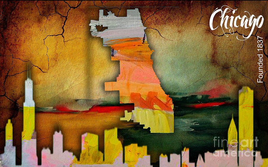 Chicago Map and Skyline Watercolor #5 Mixed Media by Marvin Blaine