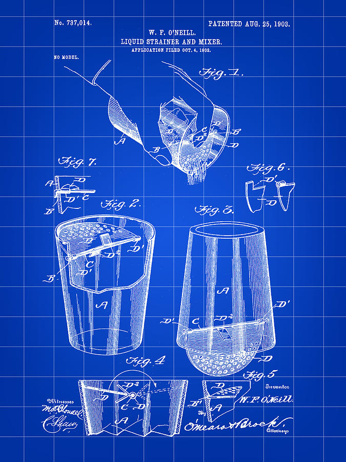 Cocktail Mixer and Strainer Patent 1902 - Blue Digital Art by Stephen Younts