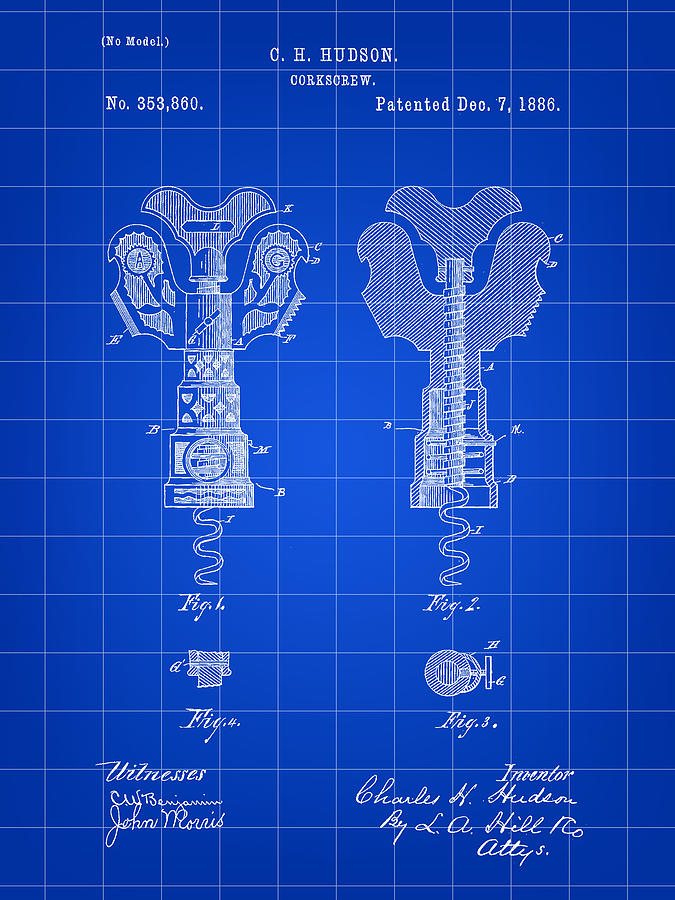 Wine Digital Art - Corkscrew Patent 1886 - Blue by Stephen Younts