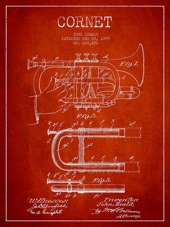 Cornet Patent Drawing From 1899 - Red Digital Art