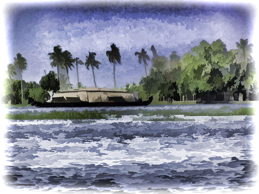 Digital Oil Painting - A houseboat on its quiet sojourn through the backwaters #5 Digital Art by Ashish Agarwal
