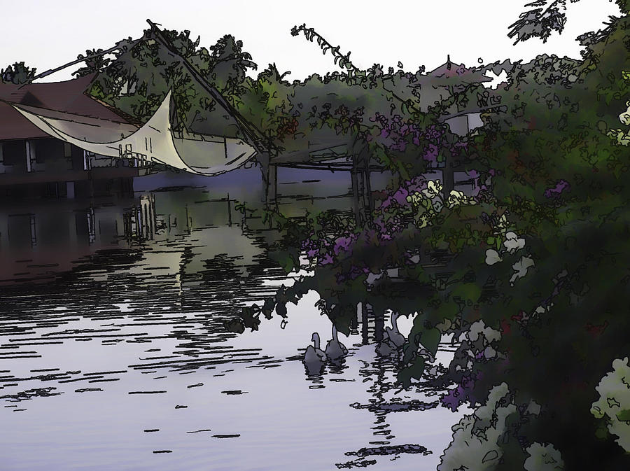 Ducks and flowers in lagoon water #5 Digital Art by Ashish Agarwal
