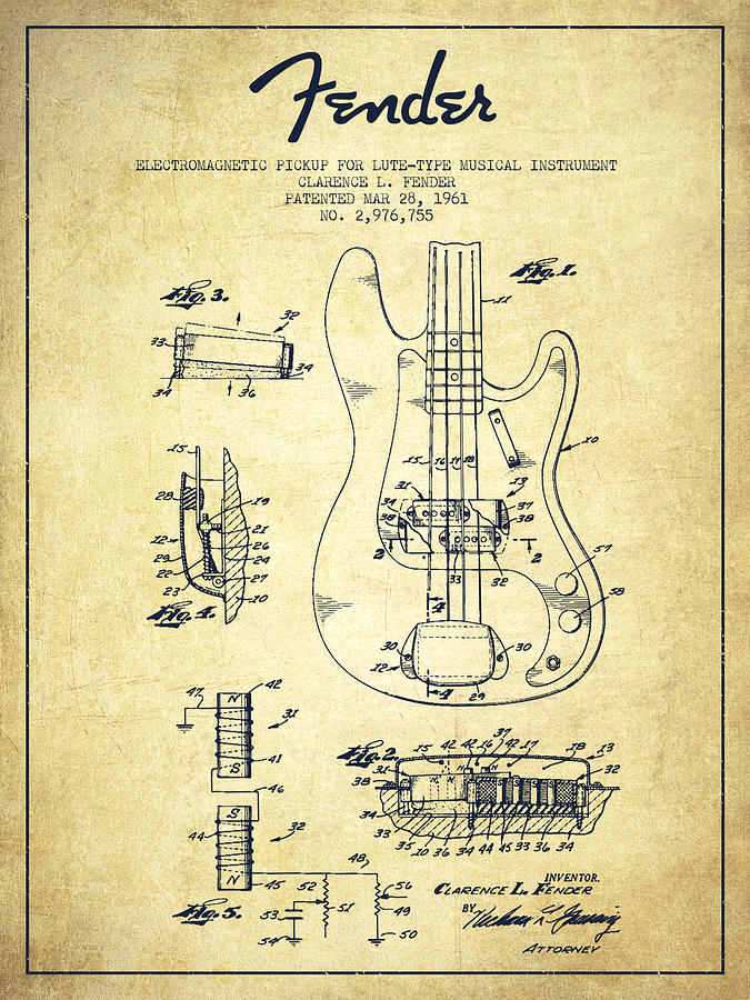 Fender Guitar Patent Drawing from 1961 #2 Drawing by Aged Pixel - Fine ...