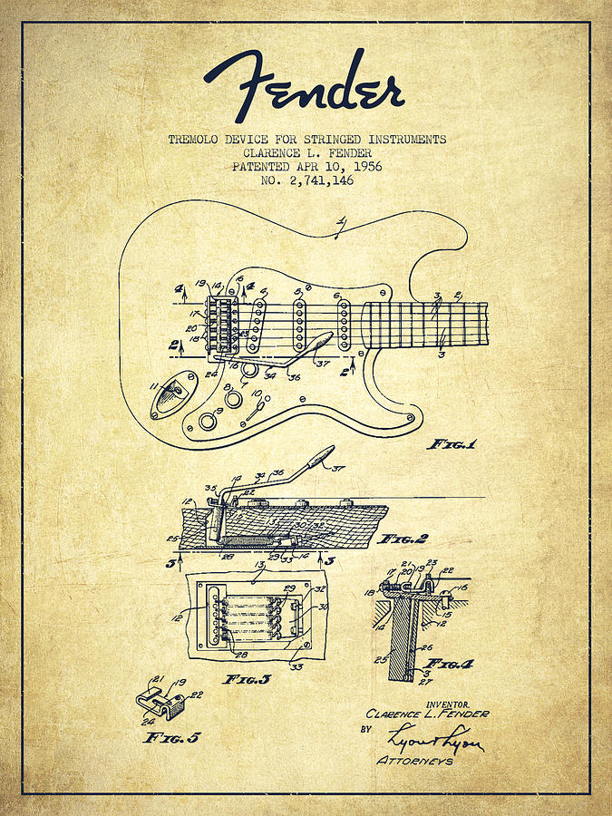 Bass Drawing - Fender Tremolo Device patent Drawing from 1956 #2 by Aged Pixel