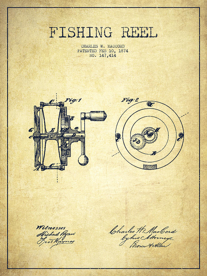Fishing Reel Drawing - Fishing Reel Patent from 1874 by Aged Pixel