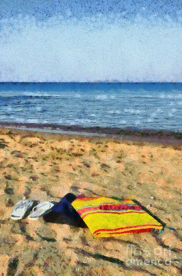 Flip flops and towels on beach Painting by George Atsametakis | Fine