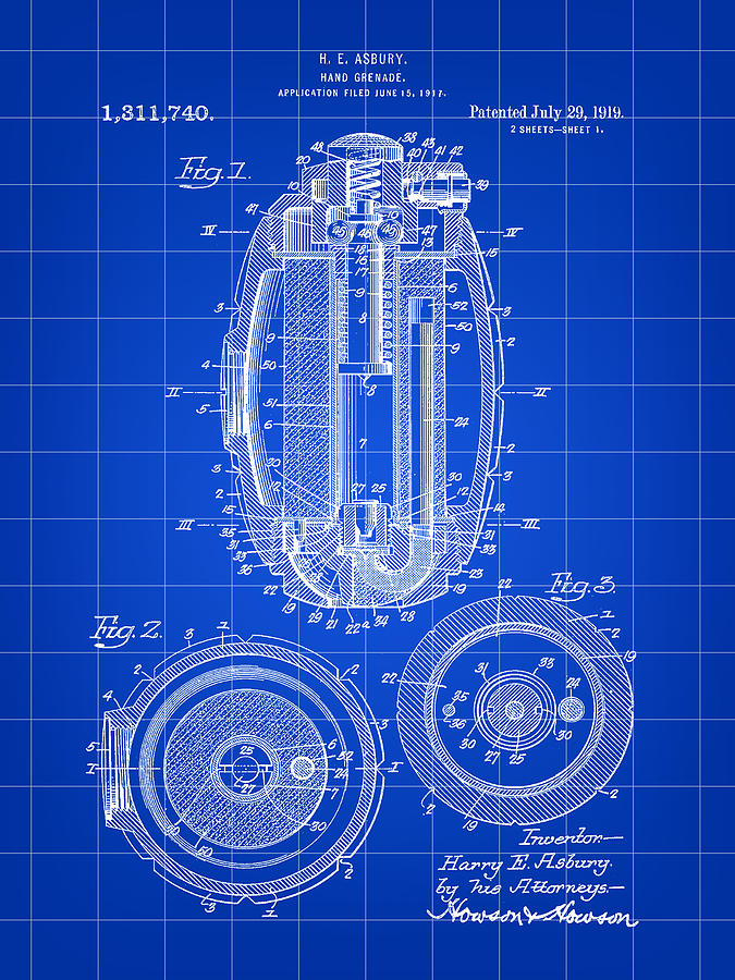 Hand Grenade Patent 1917 - Blue Digital Art by Stephen Younts