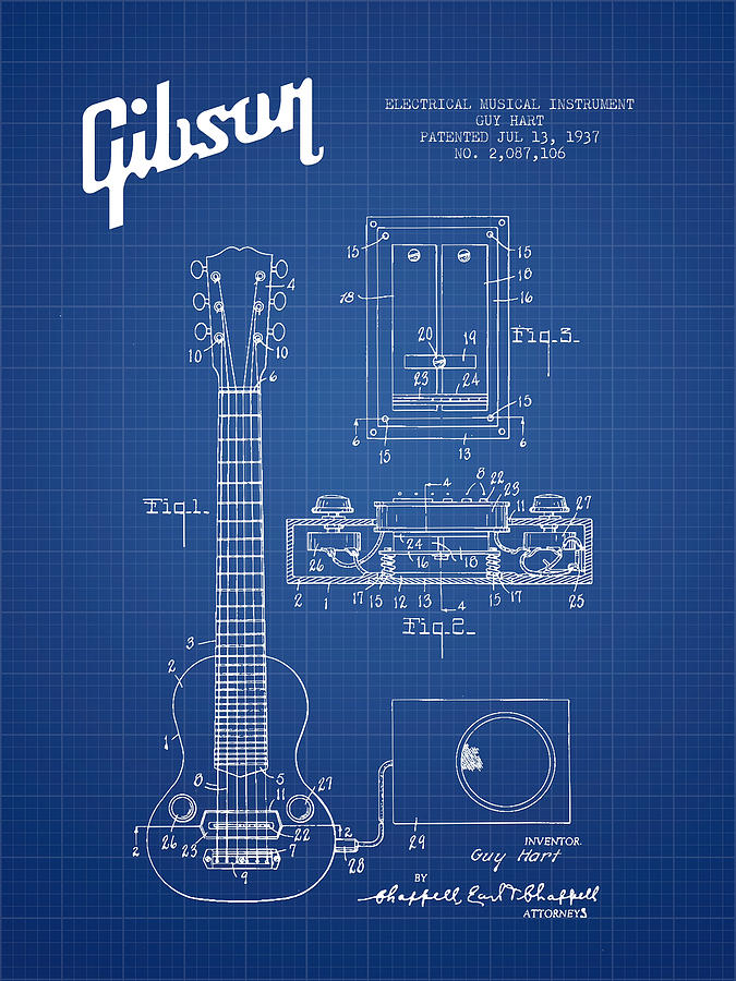 Bass Digital Art - Hart Gibson electrical musical instrument patent Drawing from 19 #1 by Aged Pixel