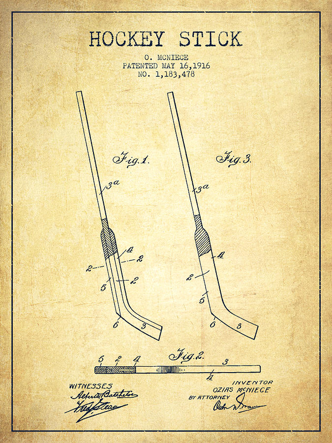 Hockey Stick Patent Drawing From 1916 Drawing