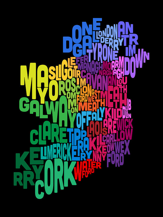 Typography Digital Art - Ireland Eire County Text Map #5 by Michael Tompsett