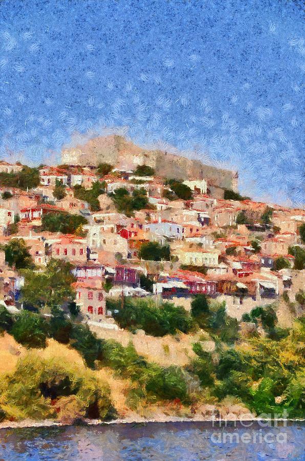 Molyvos town in Lesvos island #1 Painting by George Atsametakis