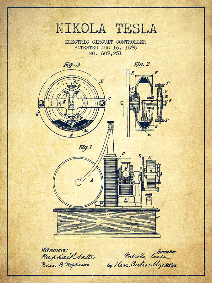Nikola Tesla Electric Circuit Controller Patent Drawing From 189