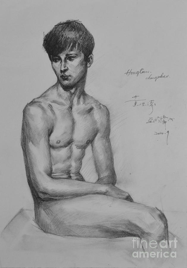 Original Drawing Sketch Charcoal Chalk Male Nude Gay Man Art Pencil On Paper By Hongtao #3 Painting by Hongtao Huang
