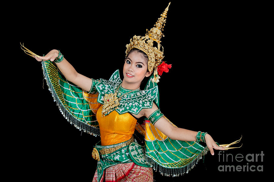Portrait of Thai young lady in an ancient Thailand dance #5 Photograph by Anek Suwannaphoom