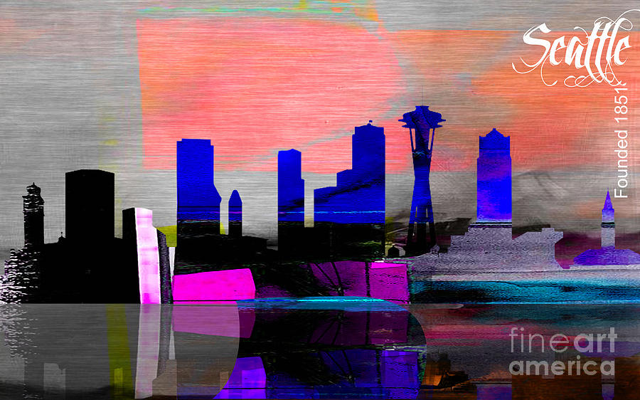 Seattle Skyline Watercolor #5 Mixed Media by Marvin Blaine