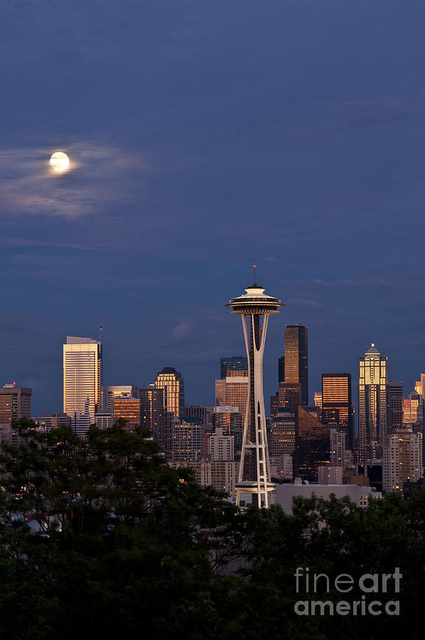 Seattle Skyline with moonrise and Space Needle #5 Photograph by Jim Corwin
