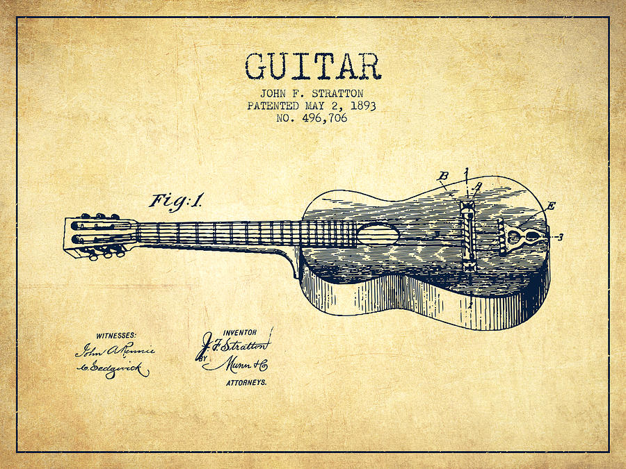 Music Drawing - Stratton guitar patent Drawing from 1893 #3 by Aged Pixel