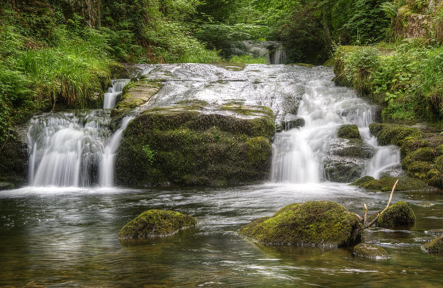 Tree Photograph - Stunning waterfall flowing over rocks through lush green forest  #5 by Matthew Gibson