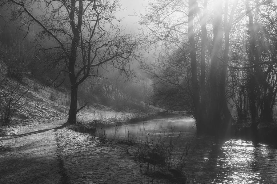 Stunnnig Winter sun beams over golden glow river in forest lands ...