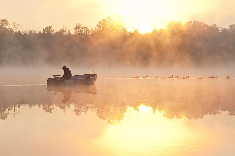 Geese Photograph - Sunrise in fog Lake Cassidy with fisherman in small fishing boat #1 by Jim Corwin