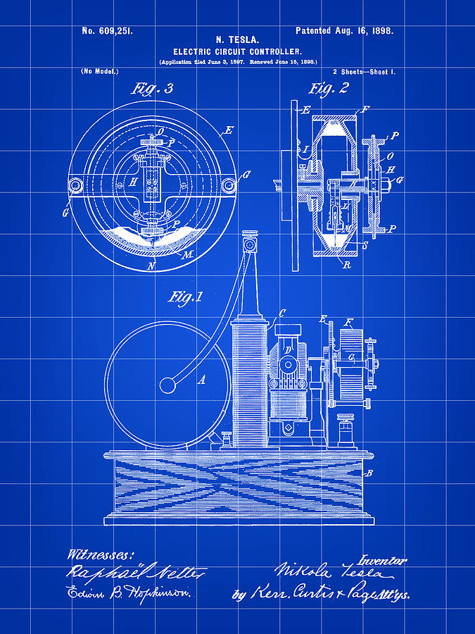 Tesla Electric Circuit Controller Patent 1897 - Blue Digital Art by Stephen Younts
