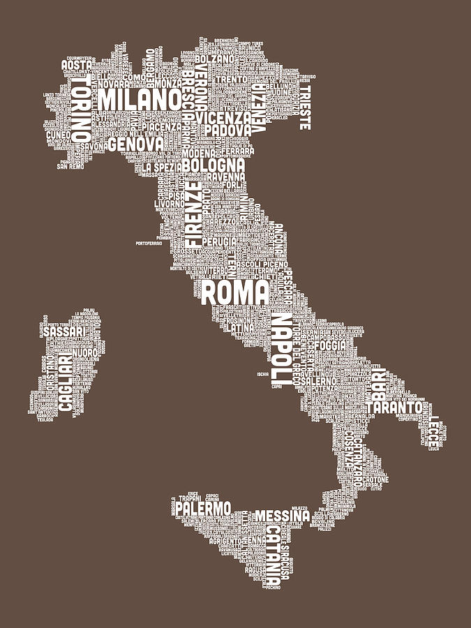 Text Map of Italy Map #1 Digital Art by Michael Tompsett
